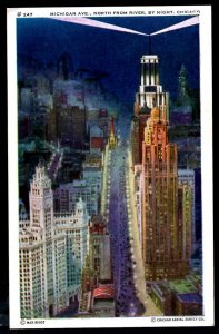 Illinois CHICAGO Michigan Ave., North from River by Night Tribune Tower ~ LINEN