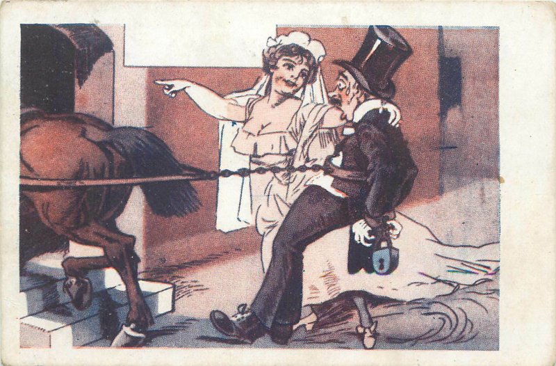 Romania humour postcard horse forced groom caricature comic wedding bride c.1948