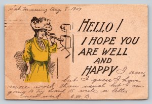 c1907 Lady in Hat & Yellow Dress Talking on Phone ANTIQUE Postcard 1037