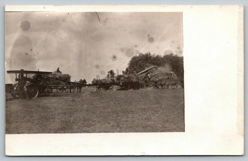 Real Photo Postcard~Farming~Steam Tractor & Threshing Machine~Farmers~1912 RPPC 