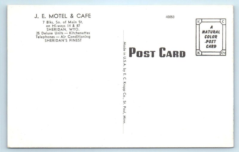SHERIDAN, WY Wyoming J E MOTEL & CAFE  c1940s Roadside  Postcard
