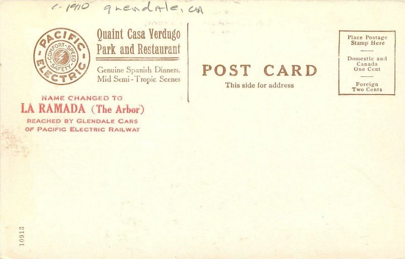 Postcard C-1910 California Glendale La Ramada {The Arbor} restaurant CA24-579