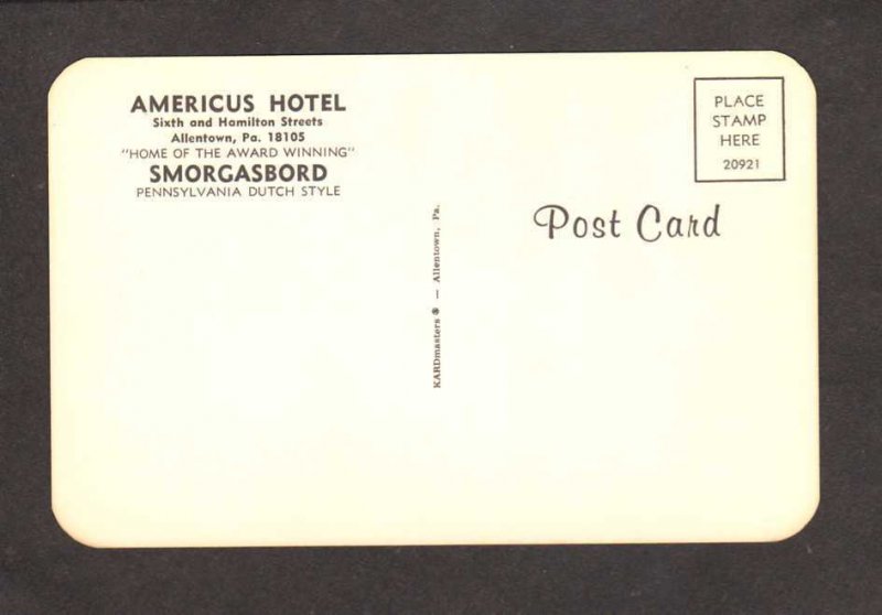 PA Americus Hotel Smorgasbord Restaurant Dutch Allentown Pennsylvania Postcard