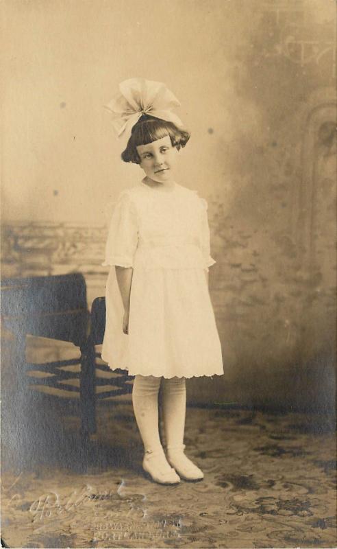 c1910s Portland OR Studio Cold Press RPPC Postcard Little Girl in White Big Bow