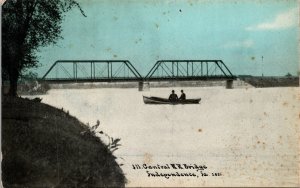 Central Railroad Bridge Independence Iowa Postcard men in boat