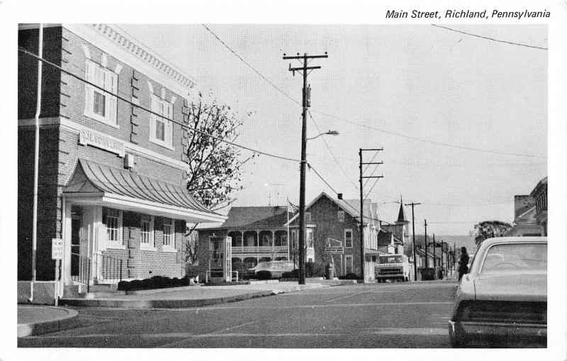 Richland Pennsylvania~Main Street~Businesses-Banks~Van-Cars~1960s B&W Postcard