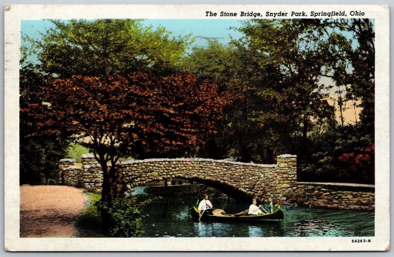 Vtg Springfield Ohio OH Stone Bridge Snyder Park 1940s View Linen Postcard