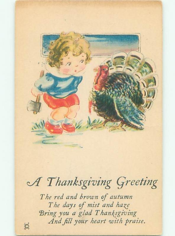 Pre-Linen Thanksgiving CHILD WITH AXE SNEAKS UP ON TURKEY BIRD AB4334