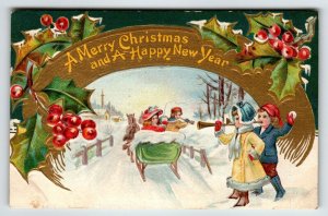 Christmas Postcard Children Boy Girl Snowball Horn Horse Carriage  Germany 1912