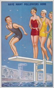 High Dump Diving Board Sexy Women Lady Group Scaring Man Old Comic Postcard