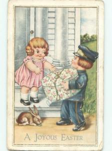 Pre-Linen Easter GIRL GETS ANTIQUE HAT BOX FROM DELIVERY BOY AB3619