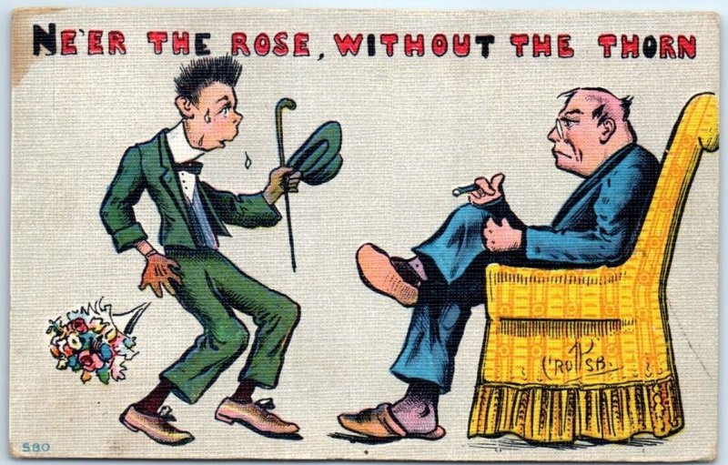 Postcard - Ne'er The Rose, Without The Thorn with Two Men Comic Art Print