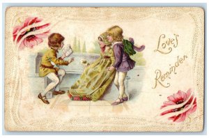 c1910's Valentine Love's Reminder Children Flowers Embossed Antique Postcard