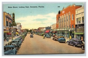 Vintage 1949 Postcard Antique Cars & Stores Main Street Sarasota Florida
