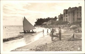 HONOLULU HI Sailboat on Waikiki Beach REAL PHOTO Old Postcard