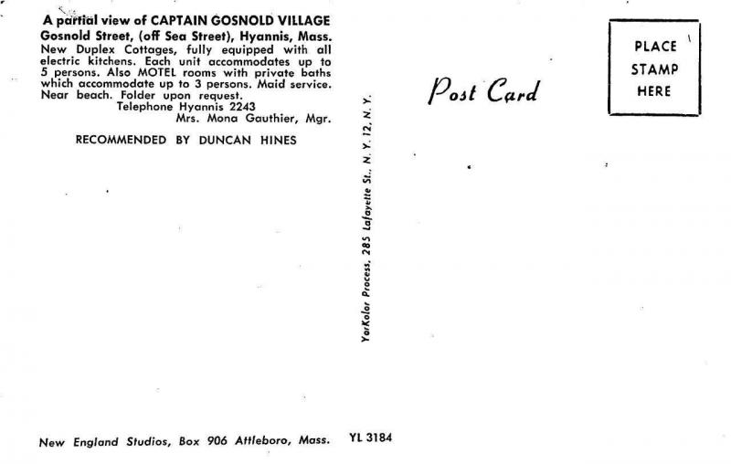 HYANNIS, MA Massachusetts  CAPTAIN GOSNOLD VILLAGE COTTAGES   c1950s Postcard