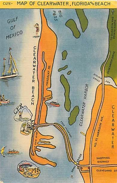 Linen Map Card of Clearwater Florida and Beach FL 1956