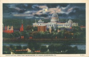 Harrisburg PA State Capitol at Night 1934 White Border Postcard Used