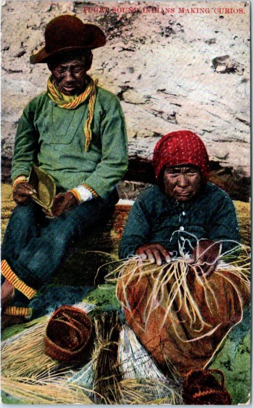 SEATTLE, WA Washington   PUGET SOUND INDIANS Making Baskets  1911 Postcard