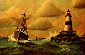 Latimer Reef Lighthouse and Fishing Dragger Painting By Cap'n Ellery F T...