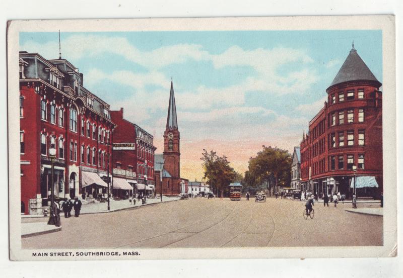 P884 old card main street scene southbridge mass trolly cars etc