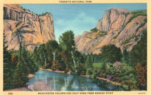 Vintage Postcard 1930's Yosemite Park Washington Column Half Dome Merced River