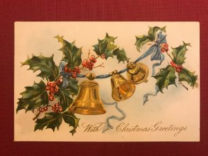 Circa 1907 Raphael Tuck Embossed Gilt Bells Postcard Christmas Holly Berries 