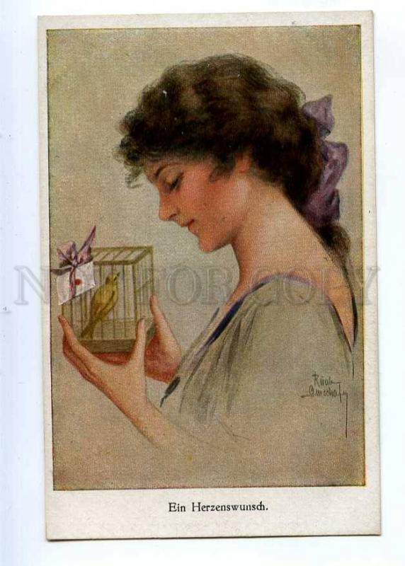 189696 Heart Desire BELLE Woman BIRD birdcage by GNISCHAF old