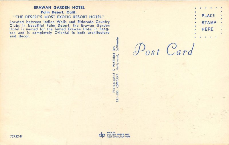 Postcard Erawan Garden Hotel Palm Desert Bangkok Oriental Style Cambodia Dining  