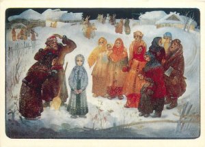 Russian art Postcard snow maiden fairy tales fantasy winter scenery