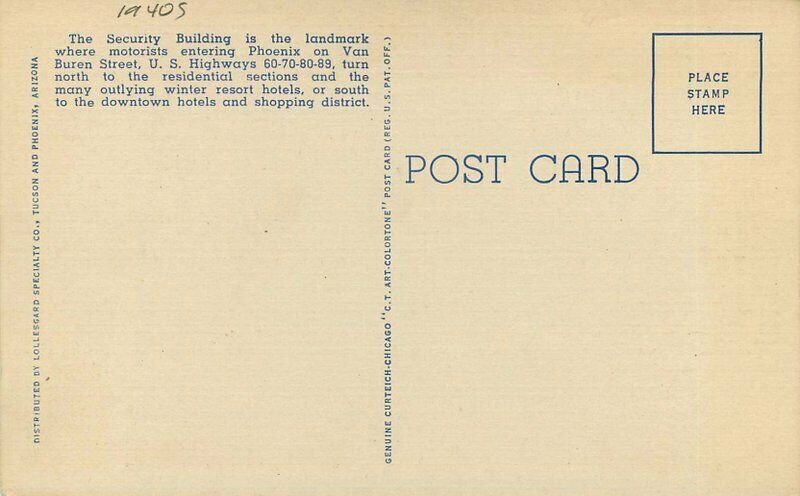 Arizona Phoenix Central Avenue autos Lollesgard Teich 1940s Postcard 22-1718