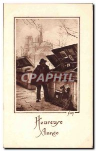 Postcard Happy Year Old booksellers Paris Notre Dame