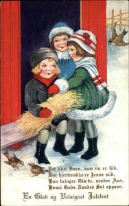 Christmas Children Barn Hay Birds c1915 Whitney Foreign Caption Postcard