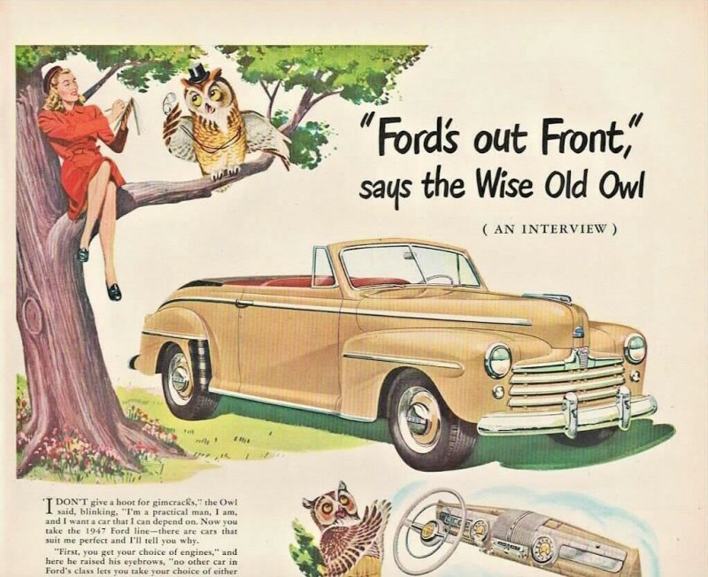 1947 Ford Automobile Vintage Print Ad Wise Old Owl Says Ford's Out Front