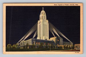 Lincoln NE-Nebraska, State Capitol At Night, Linen c1940 Postcard 