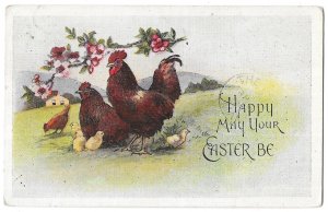 Happy Easter Postcard, Mailed Comox to The Pas, Canada 1923, Rooster, Chickens