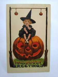 Vintage Halloween Postcard Little Witch Sits On GIANT Pumpkin Series 182 Ullman  