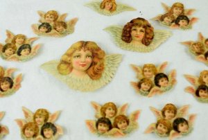 1870's-80's Lovely winged Angel Heads Victorian Christmas Die Cut Scrapbook F15