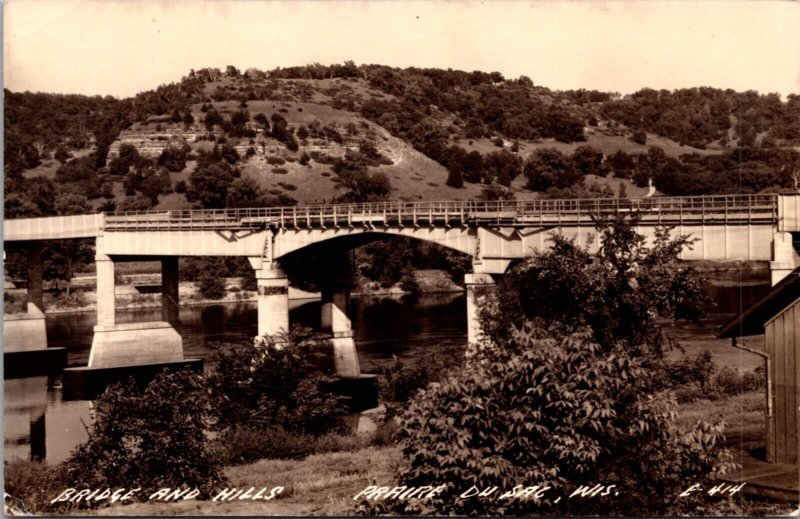 Real Photo Postcard Bridge and Hills in Prairie Du Sac, Wisconsin