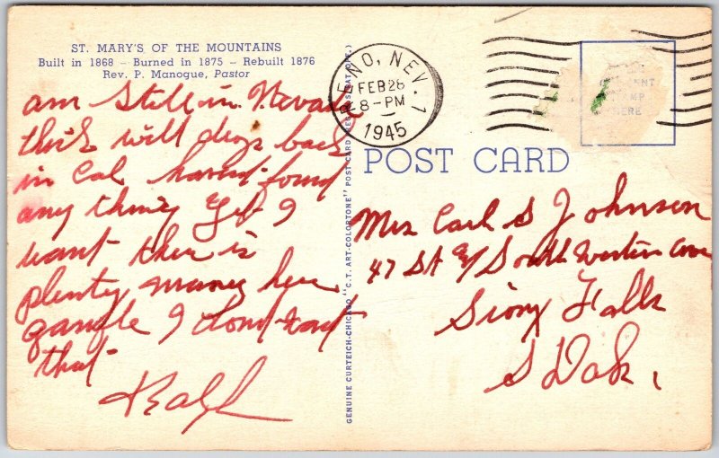 1945 Saint Mary's Of The Mountains Virginia City Nevada NV Posted Postcard