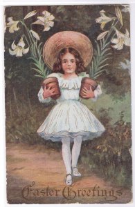 Girl Easter Lilies Lily Greetings 1910c postcard