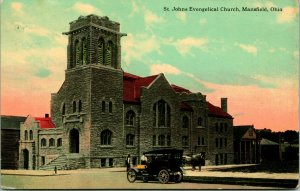 Vtg Postcard 1912 Mansfield OH Ohio St. Johns Evangelical Church Street View Car