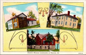 Linen Postcard Multiple Views Historic Mormon Landmarks at Nauvoo, Illinois