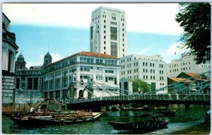 c1960s Singapore River & Cavanagh Bridge Chrome Photo Postcard Bank of China A66