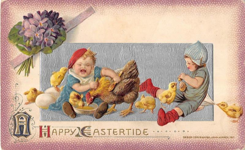 Eastertide Greeting Children Scene With Playful Chicks Antique Postcard V17999