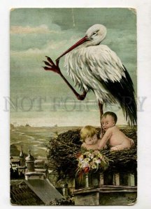 3129223 Stork & Kids in Nest by AIRAS Vintage color PC