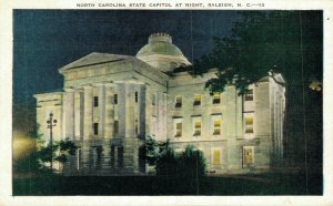 USA North Carolina State Capitol At Night Raleigh Vintage Postcard 07.86