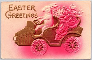 1910's Easter Greetings Bunny Riding on Car Flower Wheels Posted Postcard