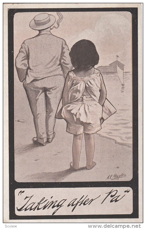 AS: A. E. Hayden, Man & Girl Walking Along The Shoreline, 1910-1920s