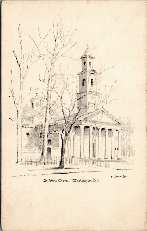 postcard art drawing - St. John's Church, Washington D.C. - Marian U. M. Lane